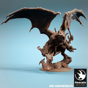 May include: A detailed brown dragon miniature with large, outstretched wings. The dragon is posed on a rocky base, with sharp claws and a menacing expression. The text "PRE-SUPPORTED STL" is visible.