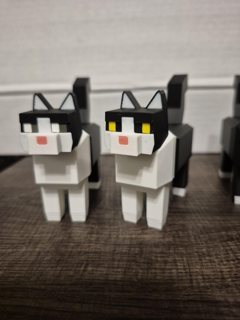 Tuxedo Block Cat Figurine | Pixel Style Black and White Kitty Standing ...