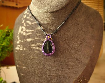 Handmade Macrame Pendant Necklace: Black Obsidian Teardrop, Boho Style Jewelry
