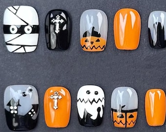 3D Halloween Press On Nails: Spooky Ghost, Pumpkin, Spider Web Nail Art