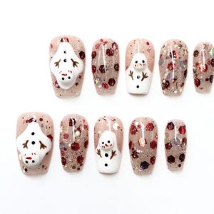 FS71  3D Snowman Glitter Press On Nails – Christmas Holiday Sparkle Set