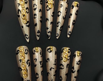 Leopard Print Press On Nails: Gold Chain Stiletto Fake Nails