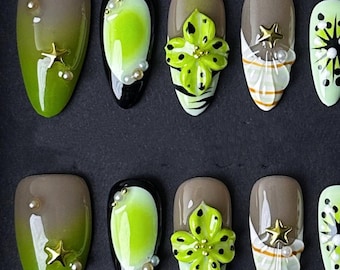 Lime Green Jungle Press On Nails: 3D Floral Tropical Nail Art