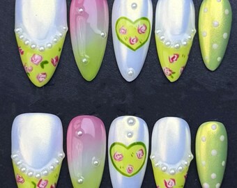 Pearl Heart Press On Nails: Green French Tip, Roses & Polka Dots
