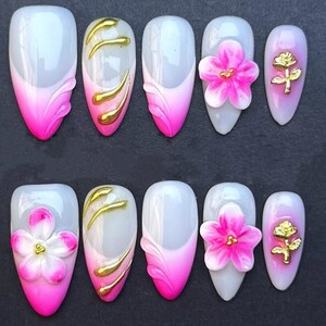 H106  Pink Gradient Floral  Gold Embellished Press On Nails | 3D Flower & Metallic Rose Nail Art Set