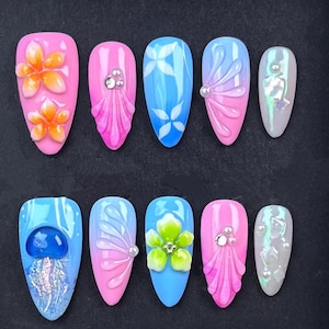 N005  Tropical Jellyfish Ocean Press On Nails with 3D Flowers and Shell Accents – Pink Blue Iridescent Summer Nail Set