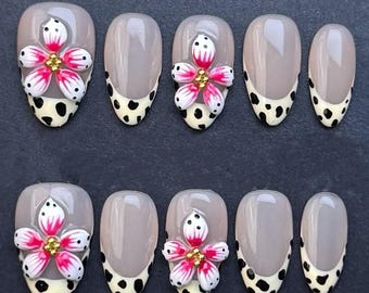 Leopard French Tip Press On Nails, Nude 3D Flower Nails