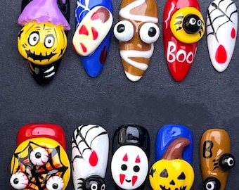 3D Halloween Press On Nails: Spooky Pumpkin, Spider & Ghost Design