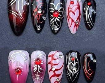 Gothic Red and Black Press On Nails: Vampire Heart, Web Art, Rhinestones