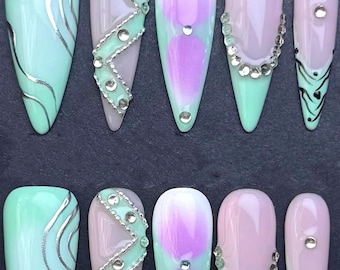 Mint Lavender Rhinestone Press On Nails: Glam Manicure