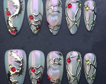 Chrome Dragon Fantasy Press-On Nails with Rhinestones & Metallic Webbing