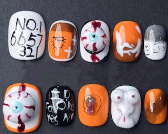 Horrorcore Halloween Press-On Nails: 3D Eyeball Monster Faux Manicure