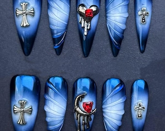 Gothic Midnight Cross & Moon Press On Nails: Red Heart Gem, Reusable Faux Manicure