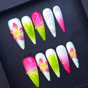 Neonowe różowe i zielone 3D kwiatowe nakładki na paznokcie z akcentami kropli rosy sztuczny wielokrotnego użytku fałszywy klej na sztuczny manicure paznokcie modna sztuka