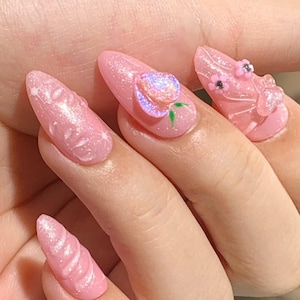 Peachy Pink 3D Jelly Nails – Kawaii Fruit & Floral Fantasy Press-On Set glue on artificial faux nails fruity holographic cute nail art