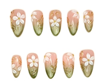 Sage Green Ombre Almond Nails | White 3D Flowers, Gold Botanical Accents