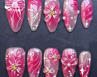 Pink Bloom Fantasy Press On Nails with 3D Flowers and Glossy Accents