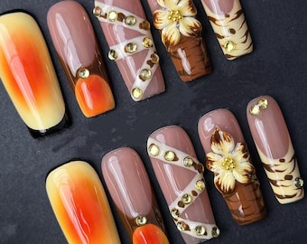 Autumn Sunset Press On Nails: Rhinestone & 3D Flower Accent