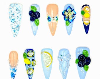 Handmade Blueberry Lemon Floral Press-On Nails | Luxury 3D Fruit Summer Nail Art