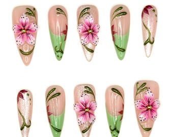 Pink Lily Bloom Press-On Nails | 3D Floral Almond French Tips | Luxury Spring Nail Art