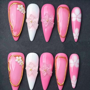 Blush Bloom Sakura Press On Nails: 3D Floral, Gold Accent