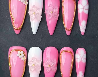 Blush Bloom Sakura Press On Nails: 3D Floral, Gold Accent