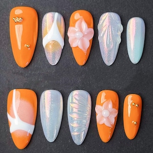 Iridescent Orange Sunset Press On Nails: 3D Flowers, Glitter Coffin Nails