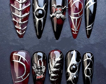 Gothic Vampire Claw Press On Nails: 3D Skeleton Spider Web Art