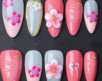 Blush Blossom and Petal Kiss Press-On Nail Set – Soft Pink & Floral Accent Nails