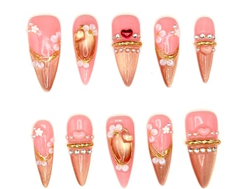 Blush Pink Pearl Stiletto Nails | Rose Gold Chrome French Floral Hearts