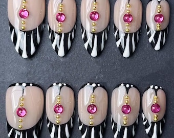 Zebra Print Press-On Nails: Pink Gems & Gold Studs