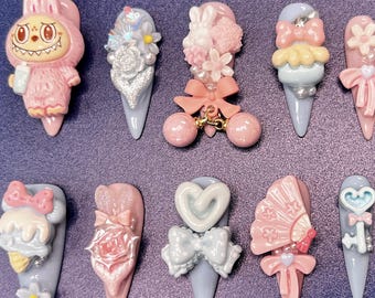 3D Kawaii Press On Nails: Bunny, Ice Cream, Heart - Pastel Fairycore