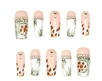 Safari Chic Press-On Nails | Jungle Leaves, Leopard Print, Rhinestone Luxury