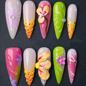 P051  Tropical Summer 3D Floral Press On Nails with Ombre and Leaf Art – Handmade Vibrant Nail Set