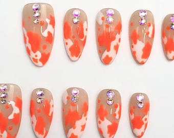 Koi Fish Press-On Nails: Red and White Rhinestone Manicure