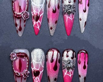 Bloody Spider Web Press On Nails: 3D Roses, Glitter Ombre, Gothic Stiletto