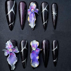 P003  Cosmic Orchid Galaxy Nails with Purple Chrome Sparkle and 3D Floral Accents. Artificial reusable  faux manicure nails trendy art.