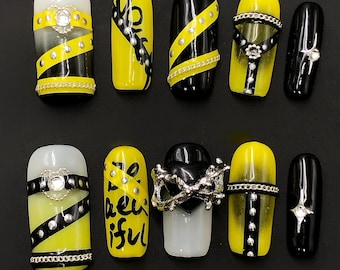 Edgy Yellow Black Press On Nails: 3D Graffiti Punk Rhinestone Chain