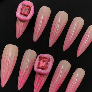 Art Deco Pink Flamed Rhinestone Stiletto Hand Painted Press on Nails. Artificial reusable fake glue on faux manicure nails trendy art.