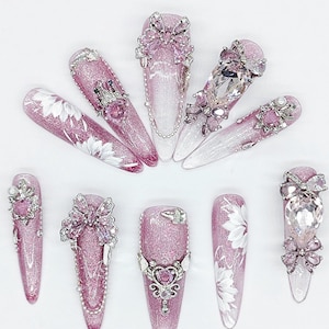 Pink Glitter Ombre Press-On Hand Painted Nails – 3D Crystals, Pearls & Floral Accents – Long Luxe Nails for Bridal, Prom and Fairycore Looks
