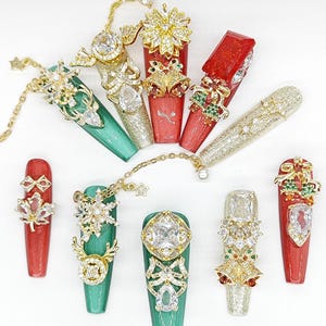 Luxury 3D Christmas Press-On Nails – Red & Green Glitter Coffin Nails with Gold Rhinestones, Holiday Bling Nail Art Set