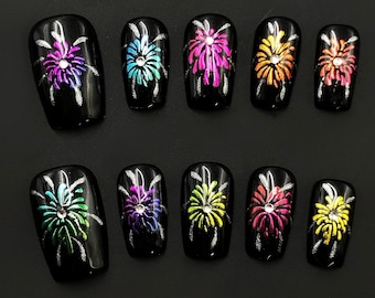 Black Base Fireworks Press-On Nails, Glitter Accents