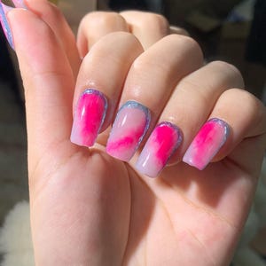 Pink Ombre Silver Outline Short Square Stylish Girly Hand Painted Press on Nails