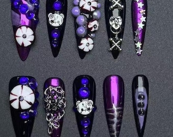 Gothic Stiletto Press On Nails: Purple Chrome, Skulls, 3D Charms