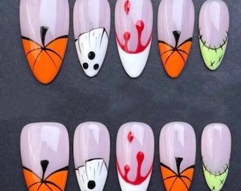 Nightmare Stitch Halloween Press On Nails – Blood Drip Ghost Pumpkin Design