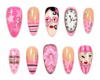 Female Alchemy Surrealist Press-On Nails, Pink Melting Clock 3D Floral Nails, Maximalist Statement Nail Art