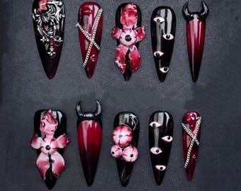 DIABLO | Little Red Devil Press on Nails | Hand-paint Nail Art