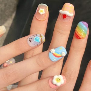 słodkie 3d nail art naciśnij na klej na sztucznej tęczy kawaii kreskówka pastelowy kwiat wiśni deser wiosna lato kolorowe y2k szczęśliwa ręka malować