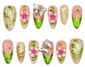 3D Floral Butterfly Press-On Nails – Emerald Green Almond Set (12-Piece)