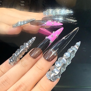Hand Painted Stiletto Edgy Punk Pink and Black Press On Nails
